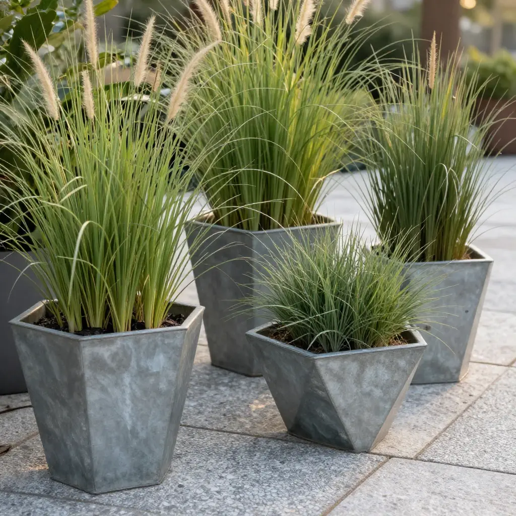 Collection of geometric outdoor planters with architectural grasses